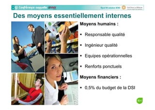 Moyens humains :
Responsable qualité
Ingénieur qualité
Equipes opérationnelles
Renforts ponctuels
Moyens financiers :
0,5% du budget de la DSI
Des moyens essentiellement internes
 
