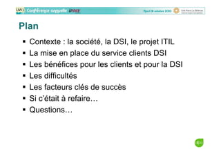 Plan
Contexte : la société, la DSI, le projet ITIL
La mise en place du service clients DSI
Les bénéfices pour les clients et pour la DSI
Les difficultés
Les facteurs clés de succès
Si c’était à refaire…
Questions…
UW1
 