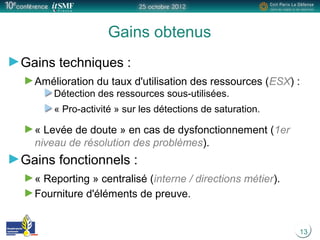 13
Gains obtenus
Gains techniques :
Amélioration du taux d'utilisation des ressources (ESX) :
Détection des ressources sous-utilisées.
« Pro-activité » sur les détections de saturation.
« Levée de doute » en cas de dysfonctionnement (1er
niveau de résolution des problèmes).
Gains fonctionnels :
« Reporting » centralisé (interne / directions métier).
Fourniture d'éléments de preuve.
 