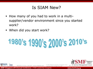 © 2013 National University of Singapore unless
otherwise stated. All Rights Reserved.
www.itsmf.org.sgitSMF Singapore 2015 Annual Conference - ITSM Leadership Congress
Is SIAM New?
 How many of you had to work in a multi-
supplier/vendor environment since you started
work?
 When did you start work?
1009/03/2015 10:32 am - itsmf 2015 - service integration.pptx
 