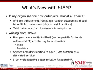 © 2013 National University of Singapore unless
otherwise stated. All Rights Reserved.
www.itsmf.org.sgitSMF Singapore 2015 Annual Conference - ITSM Leadership Congress
What’s New with SIAM?
 Many organisations now outsource almost all their IT
 And are transitioning from single vendor outsourcing model
to multiple-vendors model (see next few slides)
 Total outsource to multi-vendors is complicated
 Arising from above
 Best practices specific to SIAM (and especially for total-
outsourced IT) are starting to be compiled
 Public
 Proprietary
 Service providers starting to offer SIAM function as a
dedicated service
 ITSM tools catering better to SIAM functionality
1109/03/2015 10:32 am - itsmf 2015 - service integration.pptx
 
