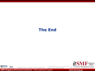 © 2013 National University of Singapore unless
otherwise stated. All Rights Reserved.
www.itsmf.org.sgitSMF Singapore 2015 Annual Conference - ITSM Leadership Congress
The End
5609/03/2015 10:32 am - itsmf 2015 - service integration.pptx
 
