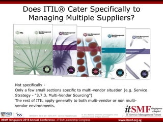 © 2013 National University of Singapore unless
otherwise stated. All Rights Reserved.
www.itsmf.org.sgitSMF Singapore 2015 Annual Conference - ITSM Leadership Congress
Does ITIL® Cater Specifically to
Managing Multiple Suppliers?
709/03/2015 10:32 am - itsmf 2015 - service integration.pptx
Not specifically -
Only a few small sections specific to multi-vendor situation (e.g. Service
Strategy - “3.7.3. Multi-Vendor Sourcing”)
The rest of ITIL apply generally to both multi-vendor or non multi-
vendor environments.
 