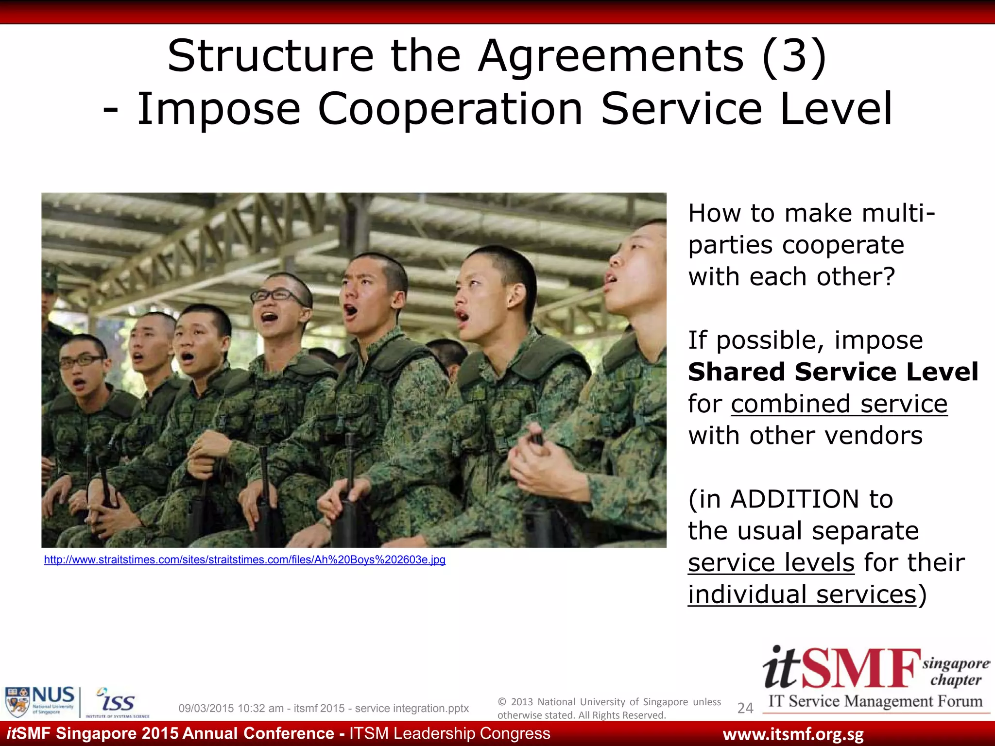 © 2013 National University of Singapore unless
otherwise stated. All Rights Reserved.
www.itsmf.org.sgitSMF Singapore 2015 Annual Conference - ITSM Leadership Congress
Structure the Agreements (3)
- Impose Cooperation Service Level
2409/03/2015 10:32 am - itsmf 2015 - service integration.pptx
http://www.straitstimes.com/sites/straitstimes.com/files/Ah%20Boys%202603e.jpg
How to make multi-
parties cooperate
with each other?
If possible, impose
Shared Service Level
for combined service
with other vendors
(in ADDITION to
the usual separate
service levels for their
individual services)
 