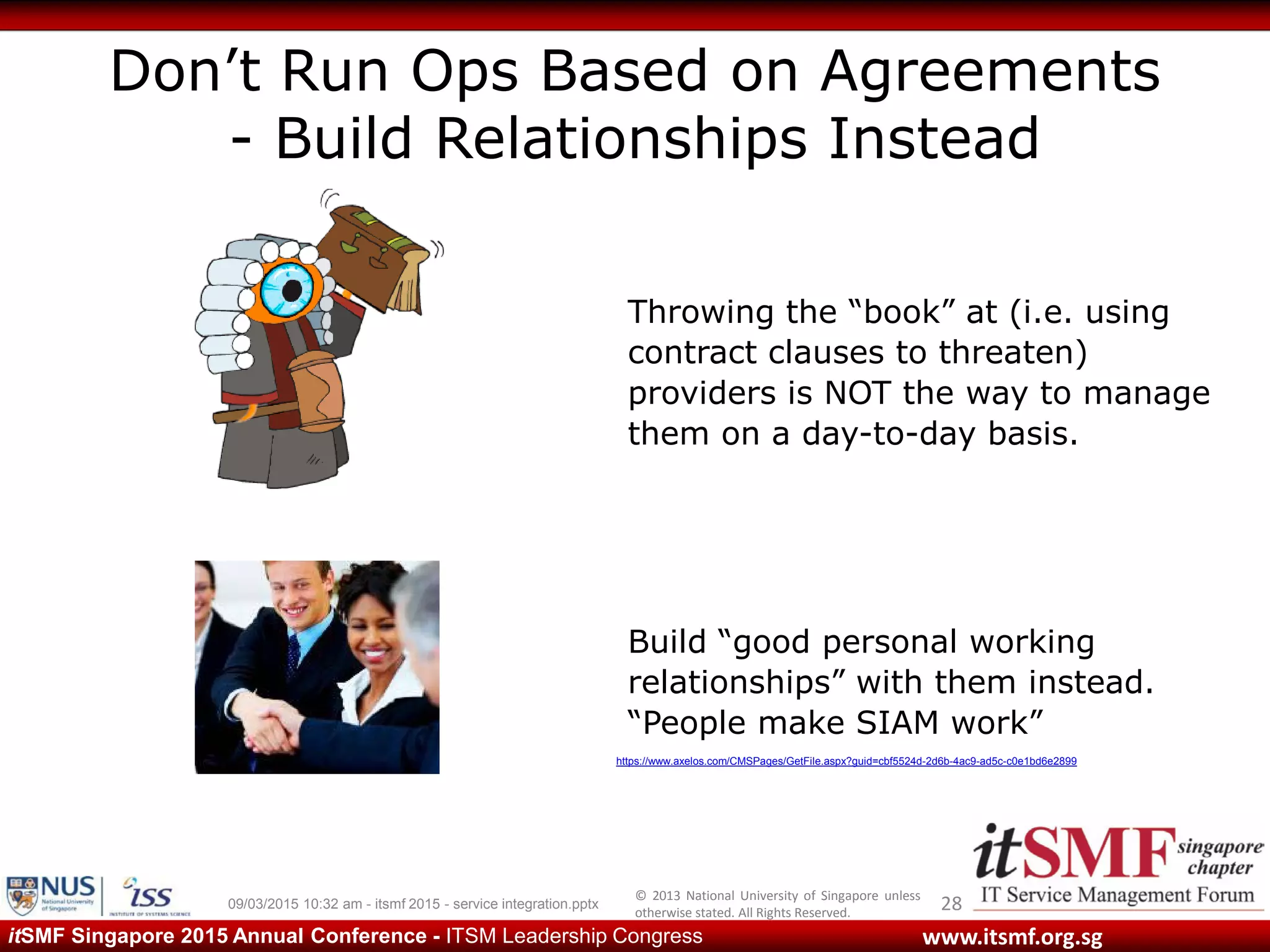 © 2013 National University of Singapore unless
otherwise stated. All Rights Reserved.
www.itsmf.org.sgitSMF Singapore 2015 Annual Conference - ITSM Leadership Congress
Don’t Run Ops Based on Agreements
- Build Relationships Instead
2809/03/2015 10:32 am - itsmf 2015 - service integration.pptx
Throwing the “book” at (i.e. using
contract clauses to threaten)
providers is NOT the way to manage
them on a day-to-day basis.
Build “good personal working
relationships” with them instead.
“People make SIAM work”
https://www.axelos.com/CMSPages/GetFile.aspx?guid=cbf5524d-2d6b-4ac9-ad5c-c0e1bd6e2899
 