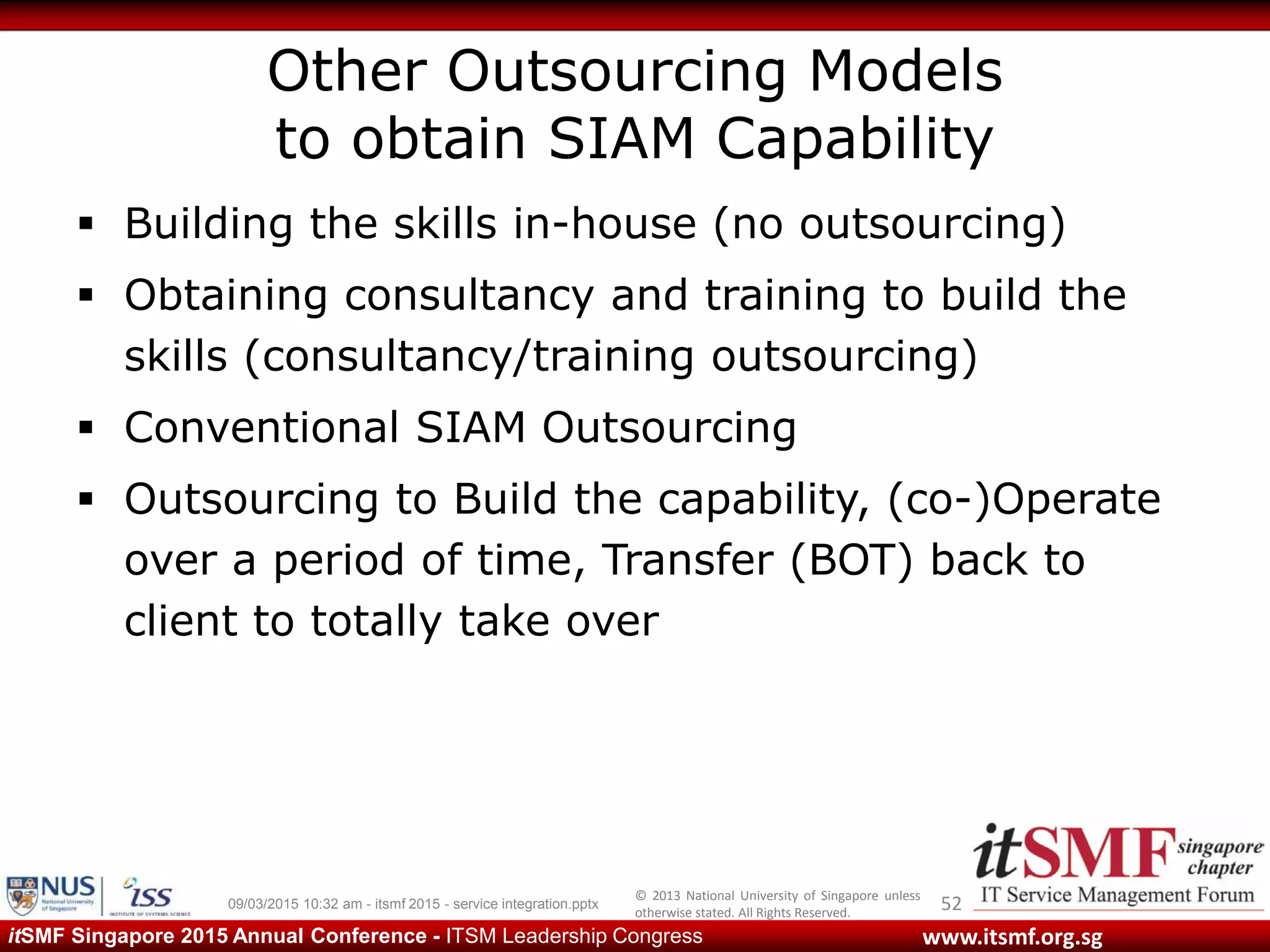 © 2013 National University of Singapore unless
otherwise stated. All Rights Reserved.
www.itsmf.org.sgitSMF Singapore 2015 Annual Conference - ITSM Leadership Congress
Other Outsourcing Models
to obtain SIAM Capability
 Building the skills in-house (no outsourcing)
 Obtaining consultancy and training to build the
skills (consultancy/training outsourcing)
 Conventional SIAM Outsourcing
 Outsourcing to Build the capability, (co-)Operate
over a period of time, Transfer (BOT) back to
client to totally take over
5209/03/2015 10:32 am - itsmf 2015 - service integration.pptx
 