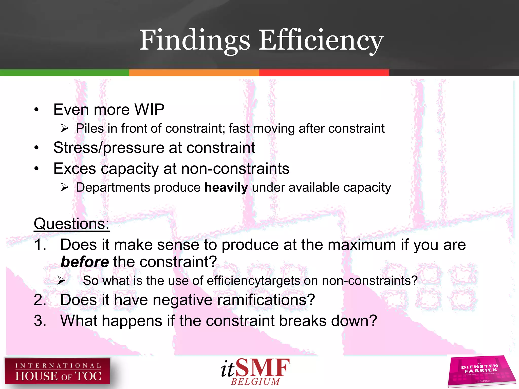 Findings Efficiency
• Even more WIP
 Piles in front of constraint; fast moving after constraint
• Stress/pressure at constraint
• Exces capacity at non-constraints
 Departments produce heavily under available capacity
Questions:
1. Does it make sense to produce at the maximum if you are
before the constraint?
 So what is the use of efficiencytargets on non-constraints?
2. Does it have negative ramifications?
3. What happens if the constraint breaks down?
 