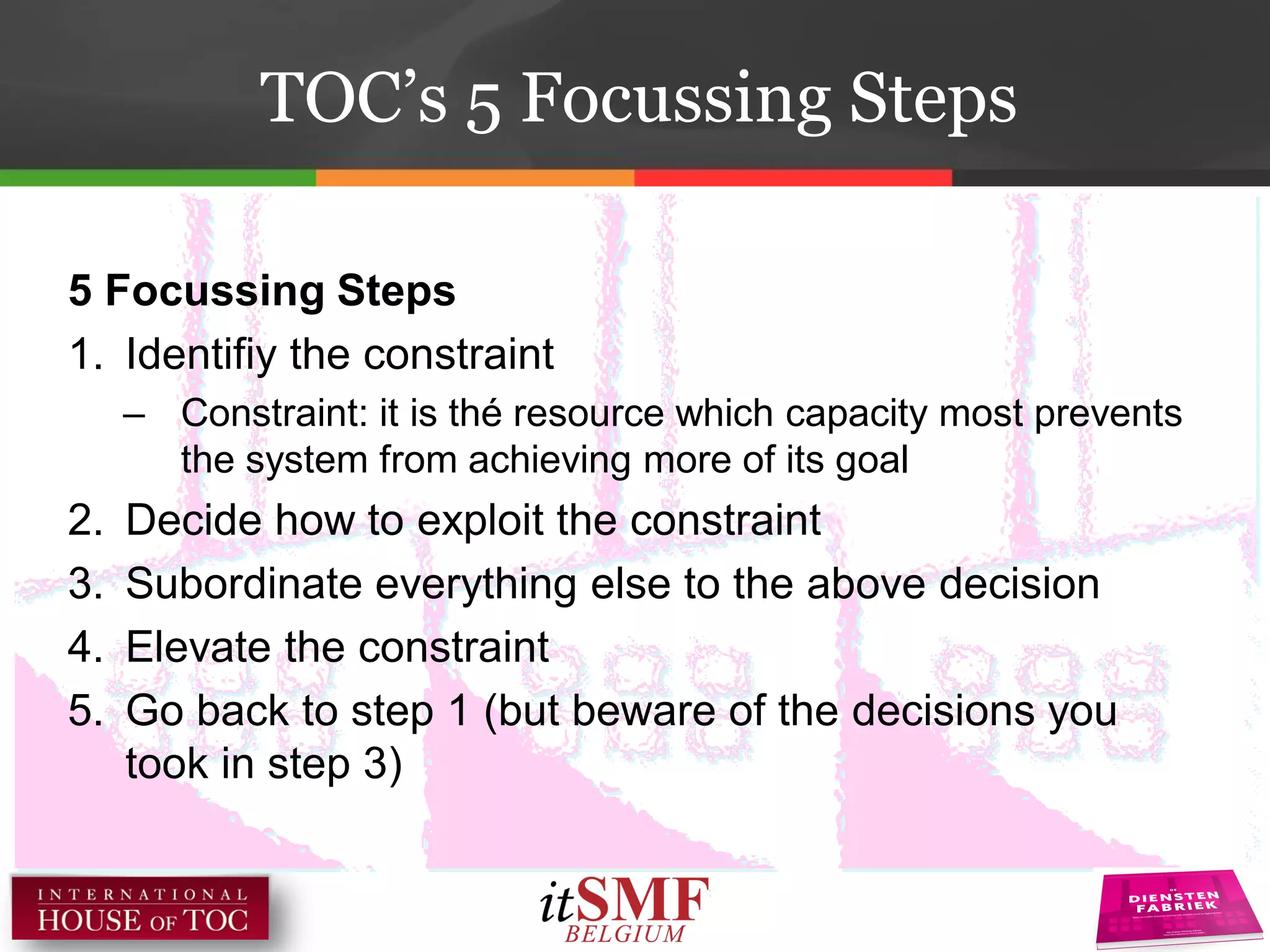 TOC’s 5 Focussing Steps
5 Focussing Steps
1. Identifiy the constraint
– Constraint: it is thé resource which capacity most prevents
the system from achieving more of its goal
2. Decide how to exploit the constraint
3. Subordinate everything else to the above decision
4. Elevate the constraint
5. Go back to step 1 (but beware of the decisions you
took in step 3)
 