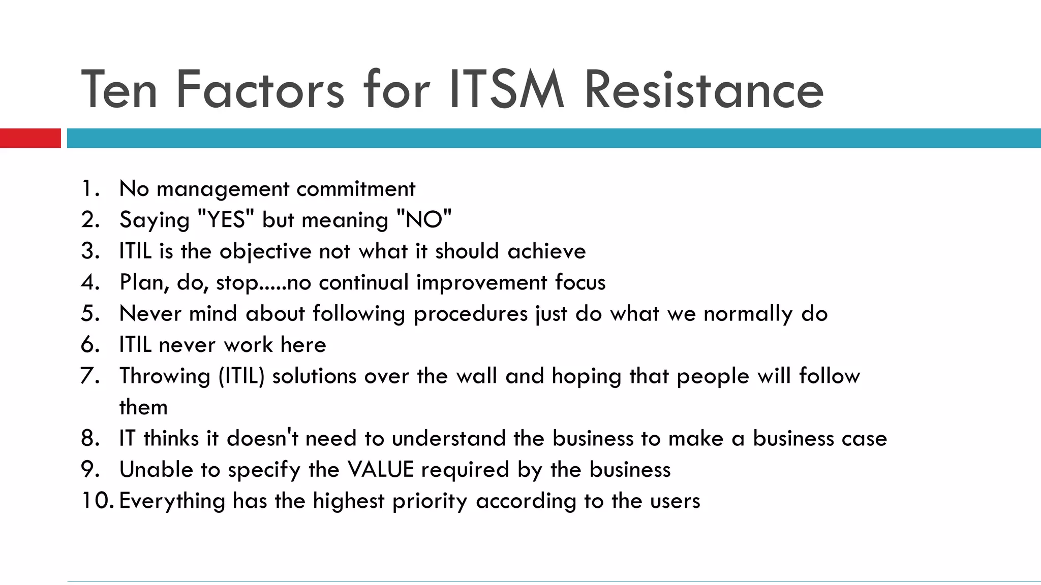 Ten Factors for ITSM Resistance
1.  No management commitment
2.  Saying "YES" but meaning "NO"
3.  ITIL is the objective not what it should achieve
4.  Plan, do, stop.....no continual improvement focus
5.  Never mind about following procedures just do what we normally do
6.  ITIL never work here
7.  Throwing (ITIL) solutions over the wall and hoping that people will follow
    them
8. IT thinks it doesn't need to understand the business to make a business case
9. Unable to specify the VALUE required by the business
10. Everything has the highest priority according to the users
 