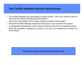 The Conflict between function and process


•   The Incident Manager has responsibility to restore service : How much authority does he
    have over the various resolving groups (functions)?
•   What is the responsibility of the change manager to actually build changes ?
•   Should the Problem Manager actually find root causes or just coordinate the process
•   Is configuration management a task in all the functions or should it be a separate process
•   What has availability management ‘process’ to do when my infrastructure is already up
    and running?




                     There are no correct answers (at least those I know)
 