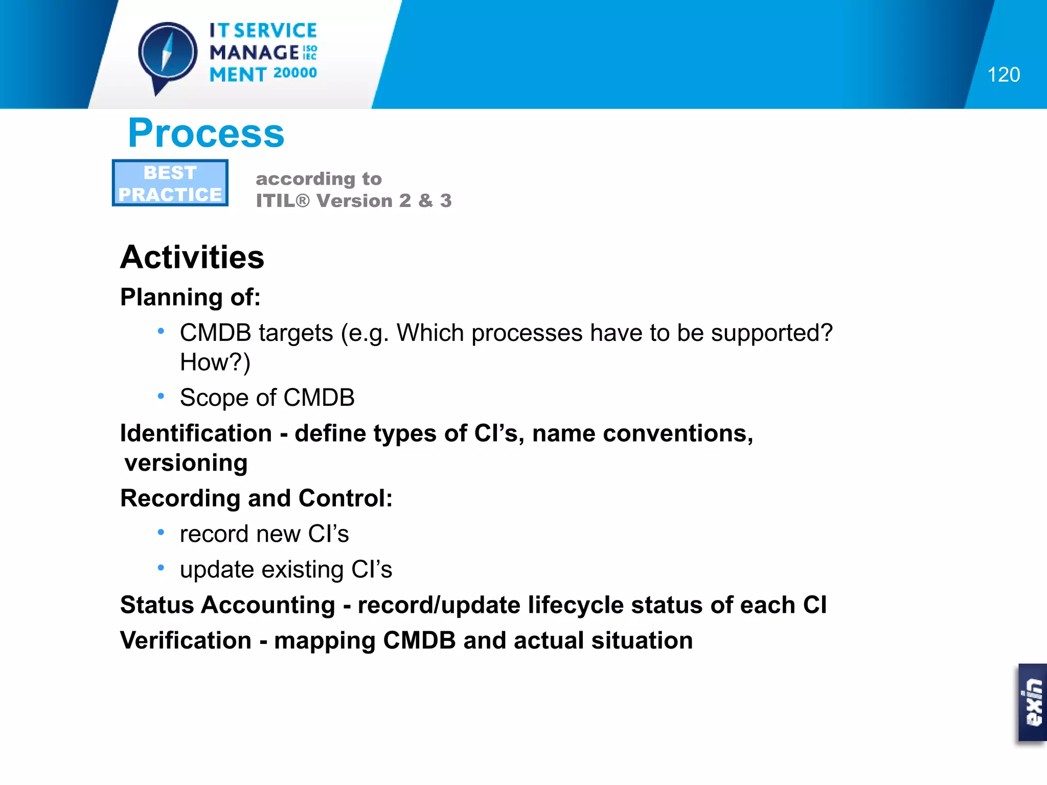 120


Process
  BEST     according to
PRACTICE   ITIL® Version 2 & 3


Activities
Planning of:
    • CMDB targets (e.g. Which processes have to be supported?
      How?)
    • Scope of CMDB
Identification - define types of CI’s, name conventions,
 versioning
Recording and Control:
    • record new CI’s
    • update existing CI’s
Status Accounting - record/update lifecycle status of each CI
Verification - mapping CMDB and actual situation
 
