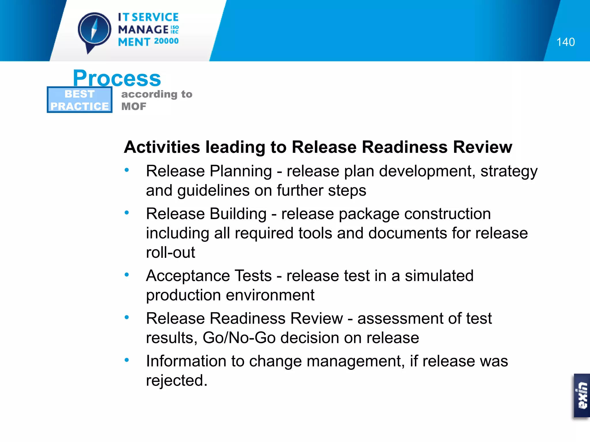 140


  Process
  BEST     according to
PRACTICE   MOF



           Activities leading to Release Readiness Review
           •   Release Planning - release plan development, strategy
               and guidelines on further steps
           •   Release Building - release package construction
               including all required tools and documents for release
               roll-out
           •   Acceptance Tests - release test in a simulated
               production environment
           •   Release Readiness Review - assessment of test
               results, Go/No-Go decision on release
           •   Information to change management, if release was
               rejected.
 