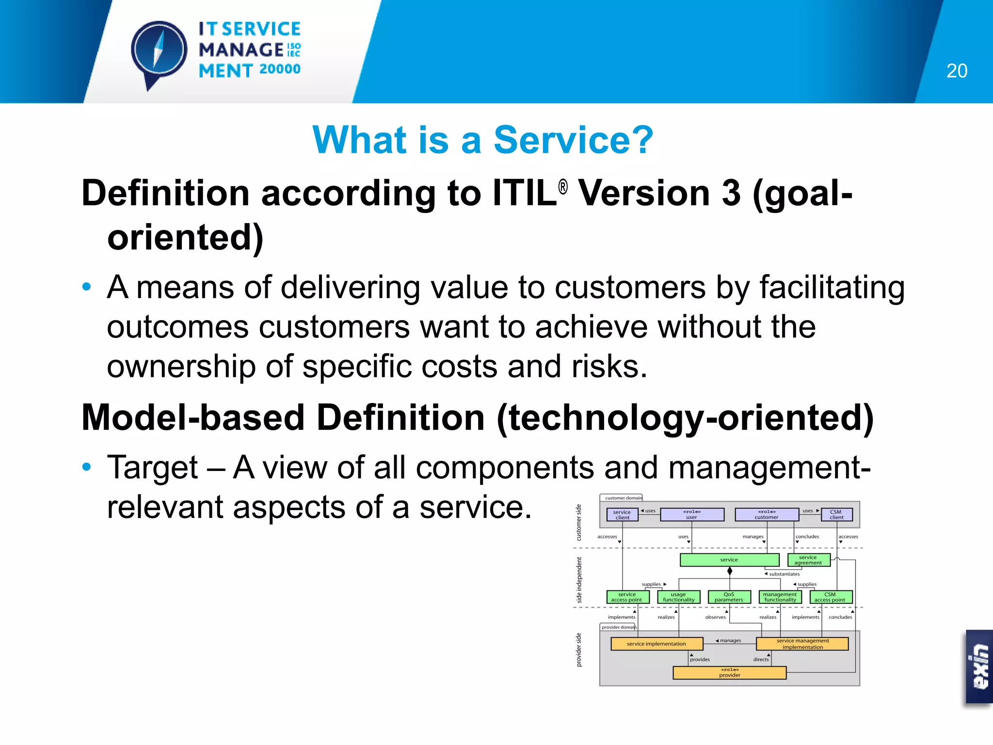 20


              What is a Service?
Definition according to ITIL® Version 3 (goal-
 oriented)
• A means of delivering value to customers by facilitating
  outcomes customers want to achieve without the
  ownership of specific costs and risks.
Model-based Definition (technology-oriented)
• Target – A view of all components and management-
  relevant aspects of a service.
 