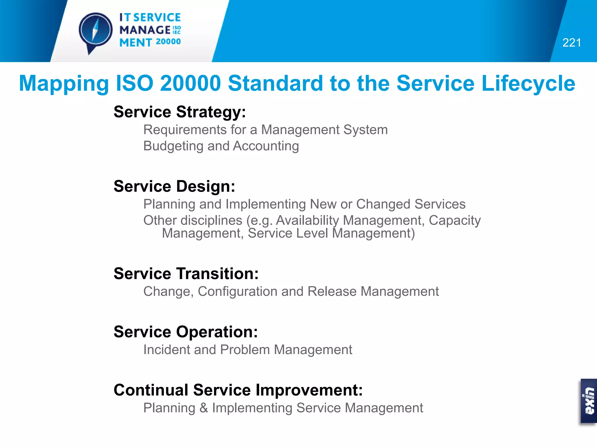 221


Mapping ISO 20000 Standard to the Service Lifecycle
        Service Strategy:
           Requirements for a Management System
           Budgeting and Accounting


        Service Design:
           Planning and Implementing New or Changed Services
           Other disciplines (e.g. Availability Management, Capacity
              Management, Service Level Management)


        Service Transition:
           Change, Configuration and Release Management


        Service Operation:
           Incident and Problem Management


        Continual Service Improvement:
           Planning & Implementing Service Management
 