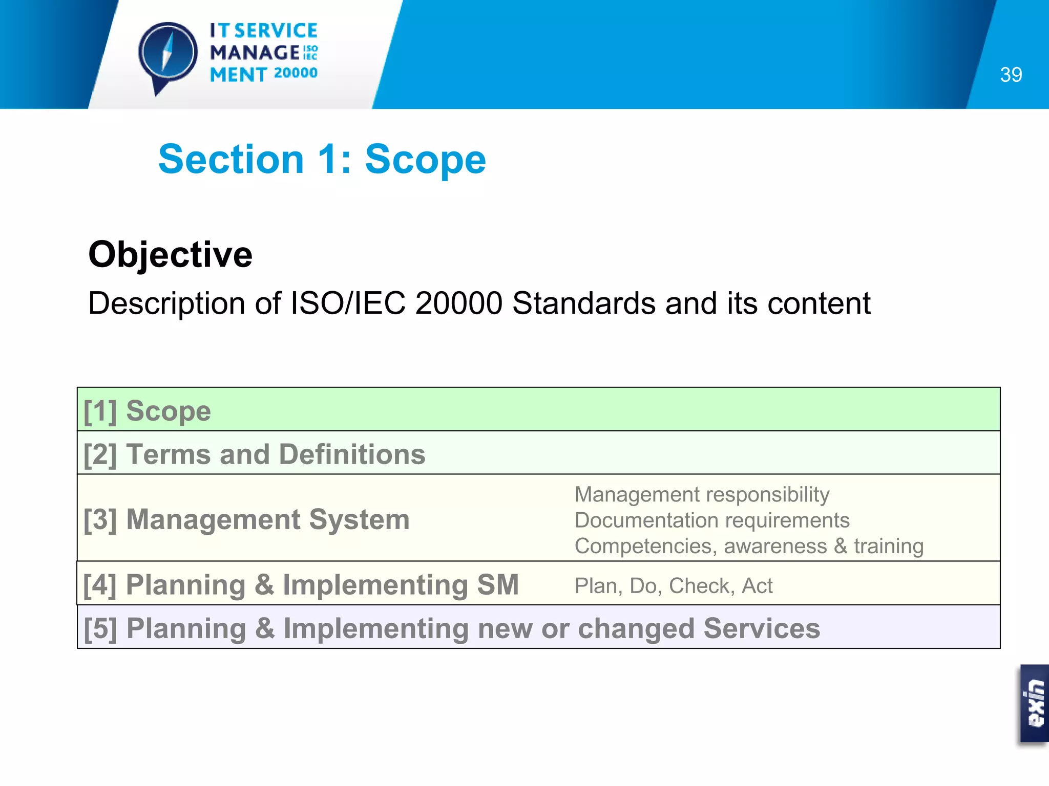 39



     Section 1: Scope

Objective
Description of ISO/IEC 20000 Standards and its content


[1] Scope
[2] Terms and Definitions
                                 Management responsibility
[3] Management System            Documentation requirements
                                 Competencies, awareness & training
[4] Planning & Implementing SM   Plan, Do, Check, Act

[5] Planning & Implementing new or changed Services
 