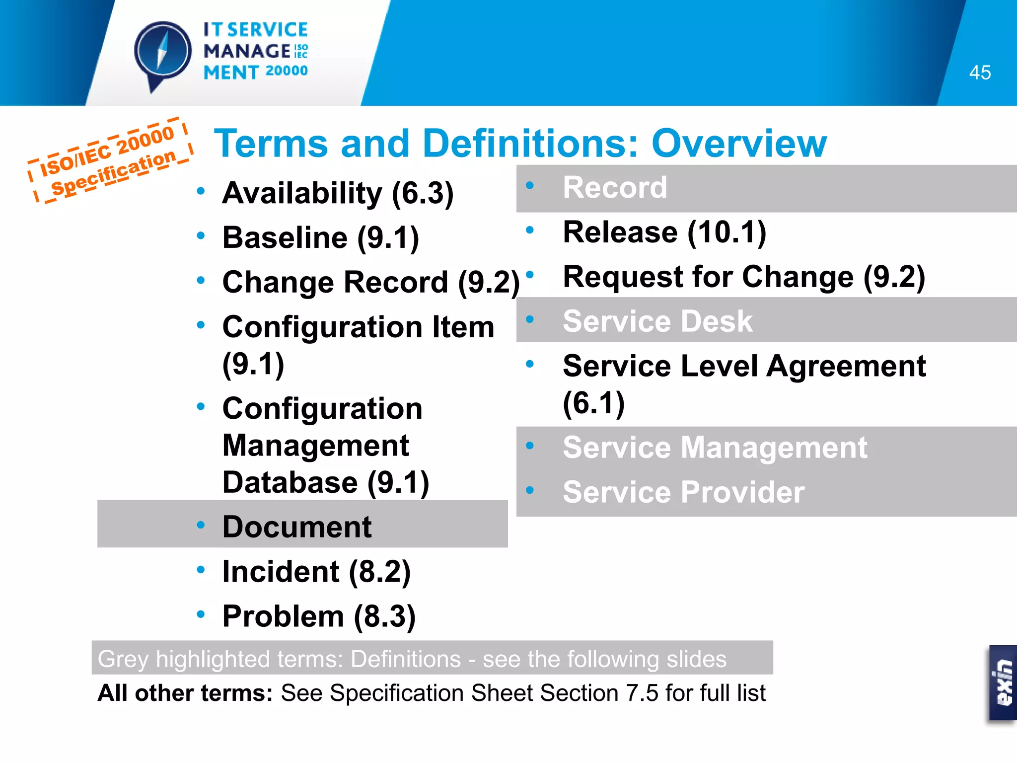45



      C
             00
          200 n
  O/IE icatio
                      Terms and Definitions: Overview
IS     if
   pec            •                       •        Record
 S                    Availability (6.3)
                  •   Baseline (9.1)      •        Release (10.1)
                  •   Change Record (9.2) •        Request for Change (9.2)
                  •   Configuration Item •         Service Desk
                      (9.1)               •        Service Level Agreement
                  •   Configuration                (6.1)
                      Management          •        Service Management
                      Database (9.1)      •        Service Provider
                  •   Document
                  •   Incident (8.2)
                  •   Problem (8.3)
      Grey highlighted terms: Definitions - see the following slides
      All other terms: See Specification Sheet Section 7.5 for full list
 