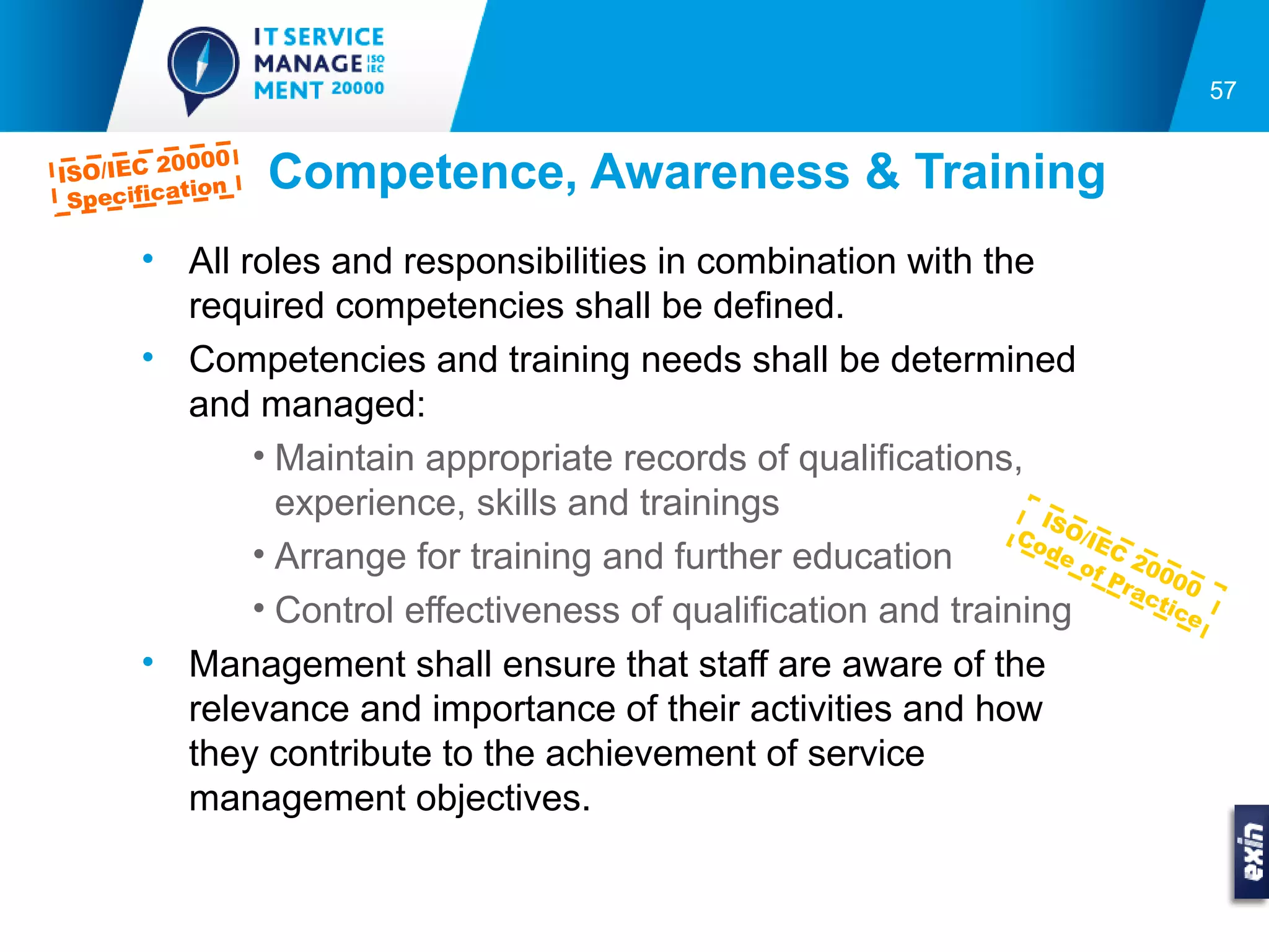 57

         0000
ISO/IEC 2
 Specifica
          tion   Competence, Awareness & Training
      • All roles and responsibilities in combination with the
        required competencies shall be defined.
      • Competencies and training needs shall be determined
        and managed:
             • Maintain appropriate records of qualifications,
               experience, skills and trainings                  ISO
                                                               Co    /
             • Arrange for training and further education         de IEC 2
                                                                    of     0
                                                                       Pra 000
                                                                          cti
             • Control effectiveness of qualification and training           ce

      • Management shall ensure that staff are aware of the
        relevance and importance of their activities and how
        they contribute to the achievement of service
        management objectives.
 