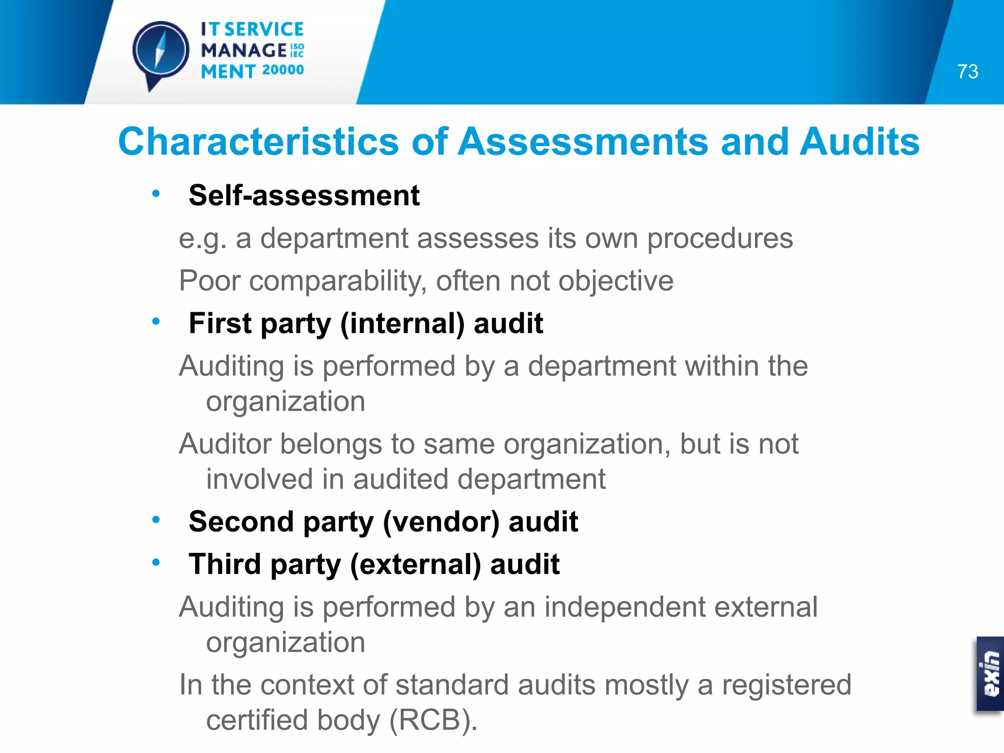 73


Characteristics of Assessments and Audits
 • Self-assessment
   e.g. a department assesses its own procedures
   Poor comparability, often not objective
 • First party (internal) audit
   Auditing is performed by a department within the
     organization
   Auditor belongs to same organization, but is not
     involved in audited department
 • Second party (vendor) audit
 • Third party (external) audit
   Auditing is performed by an independent external
     organization
   In the context of standard audits mostly a registered
     certified body (RCB).
 