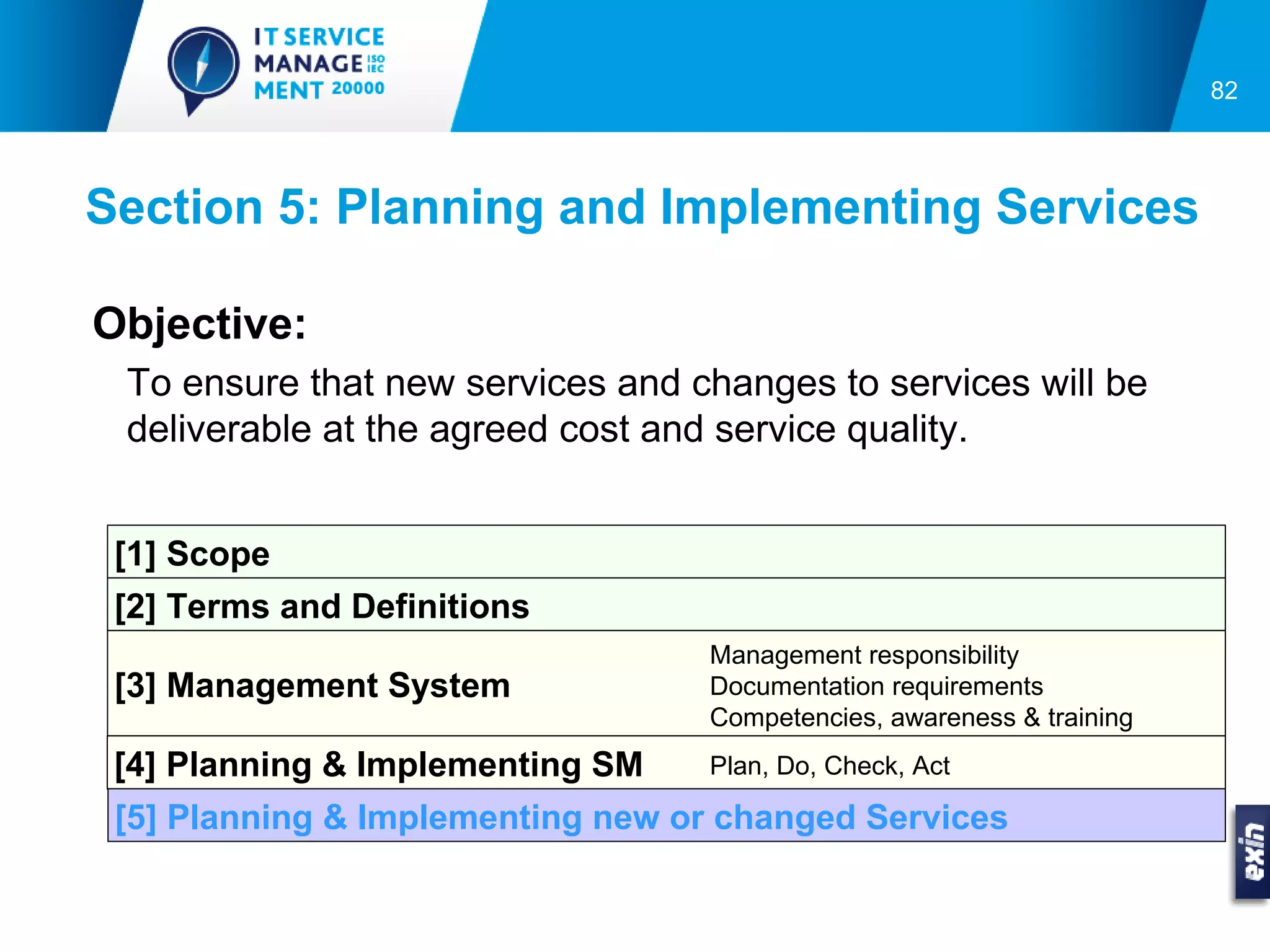 82




Section 5: Planning and Implementing Services

Objective:
 To ensure that new services and changes to services will be
 deliverable at the agreed cost and service quality.


 [1] Scope
 [2] Terms and Definitions
                                  Management responsibility
 [3] Management System            Documentation requirements
                                  Competencies, awareness & training
 [4] Planning & Implementing SM   Plan, Do, Check, Act

 [5] Planning & Implementing new or changed Services
 
