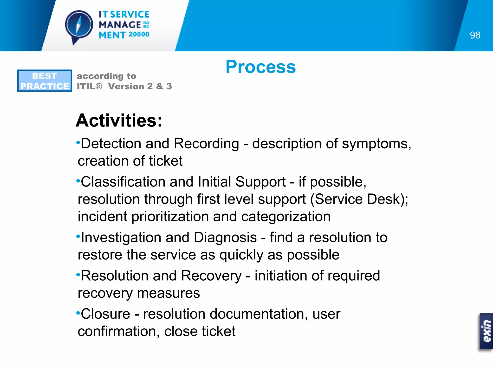 98



  BEST   according to
                                  Process
PRACTICE ITIL® Version 2 & 3



          Activities:
          •Detection and Recording - description of symptoms,
          creation of ticket
          •Classification and Initial Support - if possible,
          resolution through first level support (Service Desk);
          incident prioritization and categorization
          •Investigation and Diagnosis - find a resolution to
          restore the service as quickly as possible
          •Resolution and Recovery - initiation of required
          recovery measures
          •Closure - resolution documentation, user
          confirmation, close ticket
 