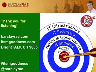 Thank you for
listening!
barclayrae.com
Itsmgoodness.com
BrightTALK CH 9885
#itsmgoodness
@barclayrae
 