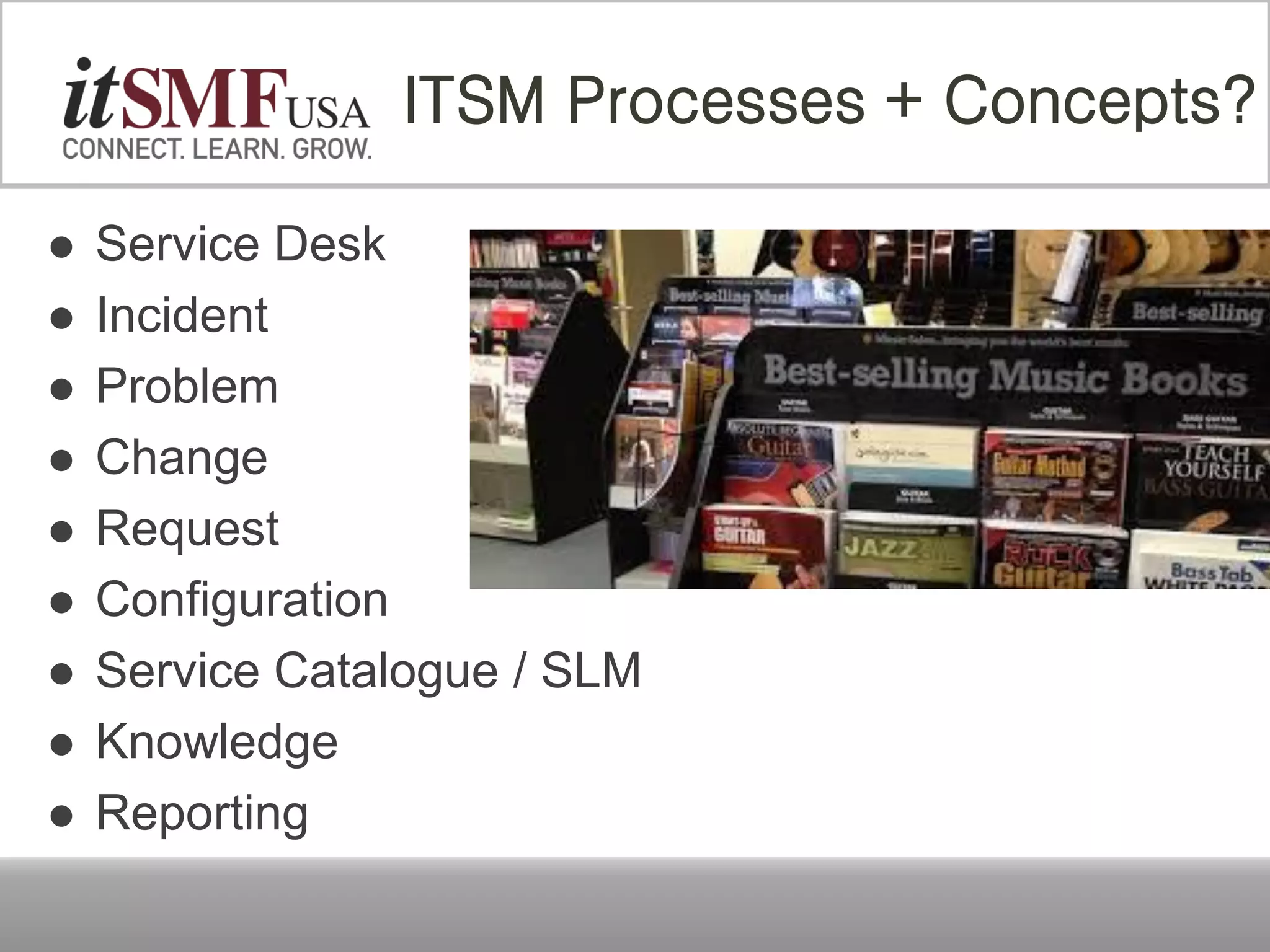  Service Desk
 Incident
 Problem
 Change
 Request
 Configuration
 Service Catalogue / SLM
 Knowledge
 Reporting
ITSM Processes + Concepts?
 