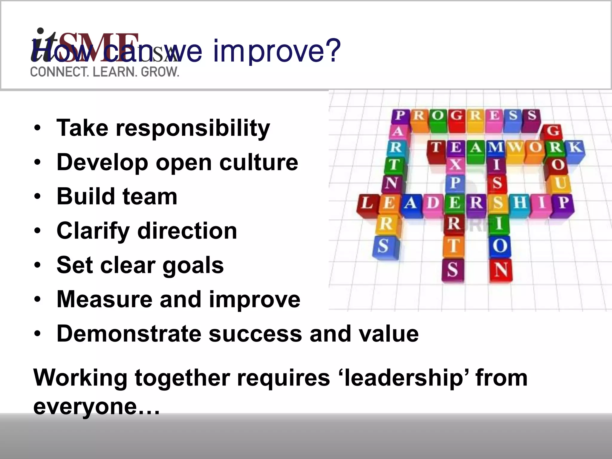 How can we improve?
• Take responsibility
• Develop open culture
• Build team
• Clarify direction
• Set clear goals
• Measure and improve
• Demonstrate success and value
Working together requires ‘leadership’ from
everyone…
 