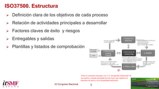 IX Congreso Nacional 9 
ISO37500. Estructura 
 Definición clara de los objetivos de cada proceso 
 Relación de actividades principales a desarrollar 
 Factores claves de éxito y riesgos 
 Entregables y salidas 
 Plantillas y listados de comprobación 
Todo el contenido marcado con © es "propiedad intelectual" de 
sus autores, estando protegido por las leyes que regulan los 
derechos de autor y de la propiedad intelectual 
© 
 