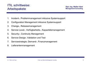 ITIL schrittweise:
Arbeitspakete


1. Incident-, Problemmanagement inklusive Systemsupport
2. Configuration Management inklusive Systemsupport
3. Change-, Releasemanagement
4. Service Level-, Verfügbarkeits-, Kapazitätsmanagement
5. Security-, Continuity Management
6. Service Design, Validation und Test
7. Servicestrategie, Demand-, Finanzmanagement
8. Lieferantenmanagement




4.3 - ITSM in der Praxis      © Dipl.-Ing. Walter Abel Management Consulting   19
 