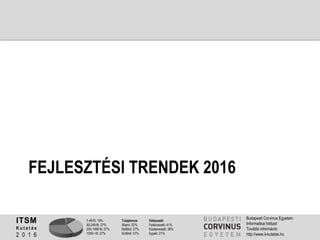 1-49 fő: 19%
50-249 fő: 27%
250-1499 fő: 27%
1500+ fő: 27%
Tulajdonos
Állami: 22%
Belföldi: 27%
Külföldi: 51%
Válaszadó
Felsővezető: 41%
Középvezető: 38%
Egyéb: 21%
ITSM
K u t a t á s
2 0 1 6
Budapesti Corvinus Egyetem
Informatikai Intézet
További információ:
http://www.it-kutatas.hu
FEJLESZTÉSI TRENDEK 2016
 