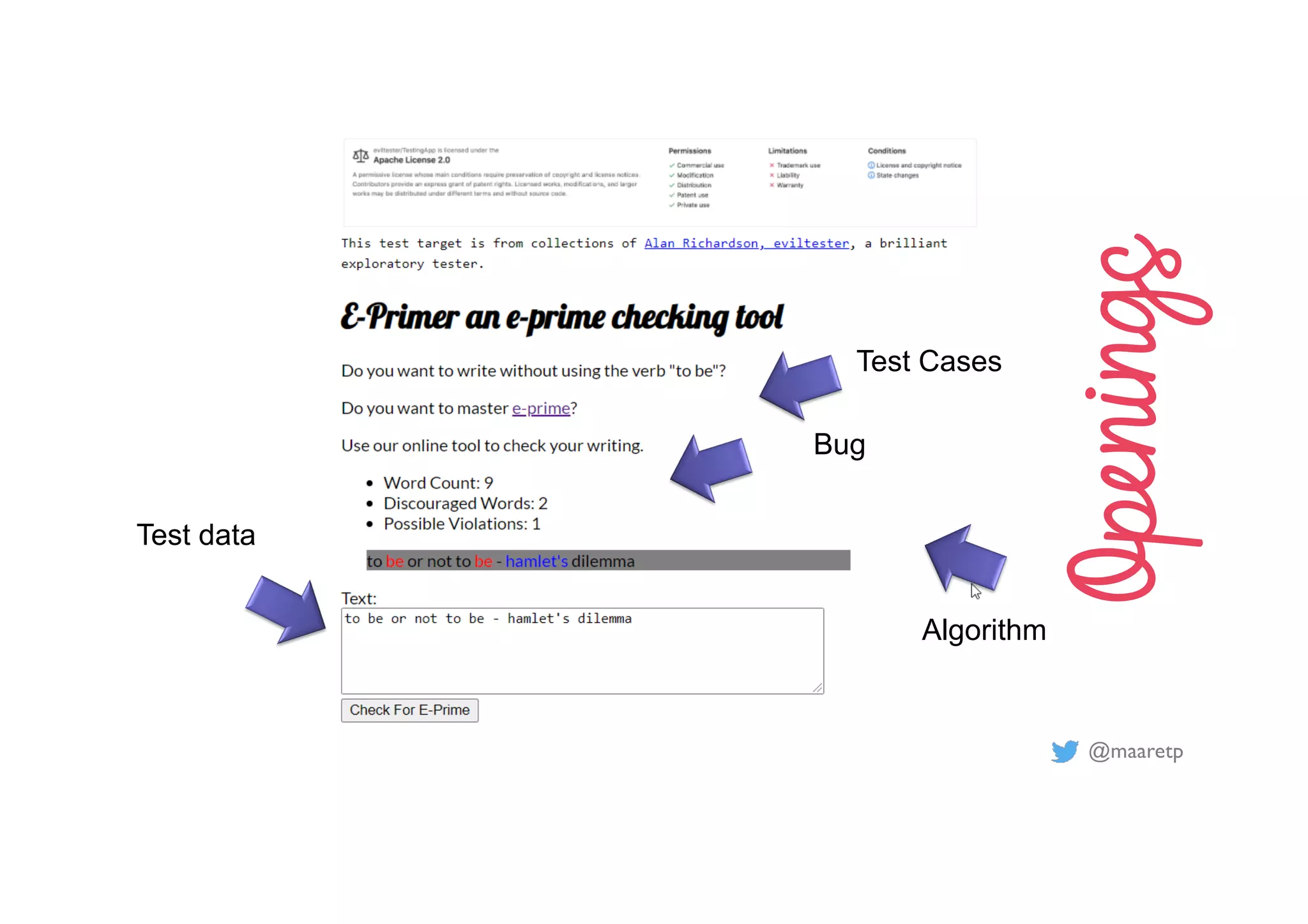 @maaretp
Algorithm
Bug
Test Cases
Test data
Openings
 
