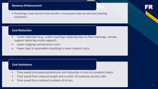FR
5
• Providing a new service that results in increased sales to new and existing
customers.
Revenue Enhancement
• Travel reduction (e.g., online meetings replacing face-to-face meetings, remote
support replacing onsite support).
• Lower ongoing maintenance costs.
• Fewer days in receivables resulting in lower interest costs.
Cost Reduction
• Time saved (increased productivity and reduction in time to complete tasks).
• Time saved from reduced length and number of customer service calls.
• Time saved from reduced numbers of errors.
Cost Avoidance
 