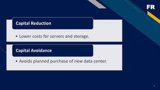 FR
6
• Lower costs for servers and storage.
Capital Reduction
• Avoids planned purchase of new data center.
Capital Avoidance
 