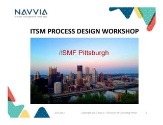 ITSM	
  PROCESS	
  DESIGN	
  WORKSHOP	
  
June	
  2013	
   Copyright	
  2013,	
  Navvia	
  -­‐	
  A	
  Division	
  of	
  Consul=ng-­‐Portal	
   1	
  
 