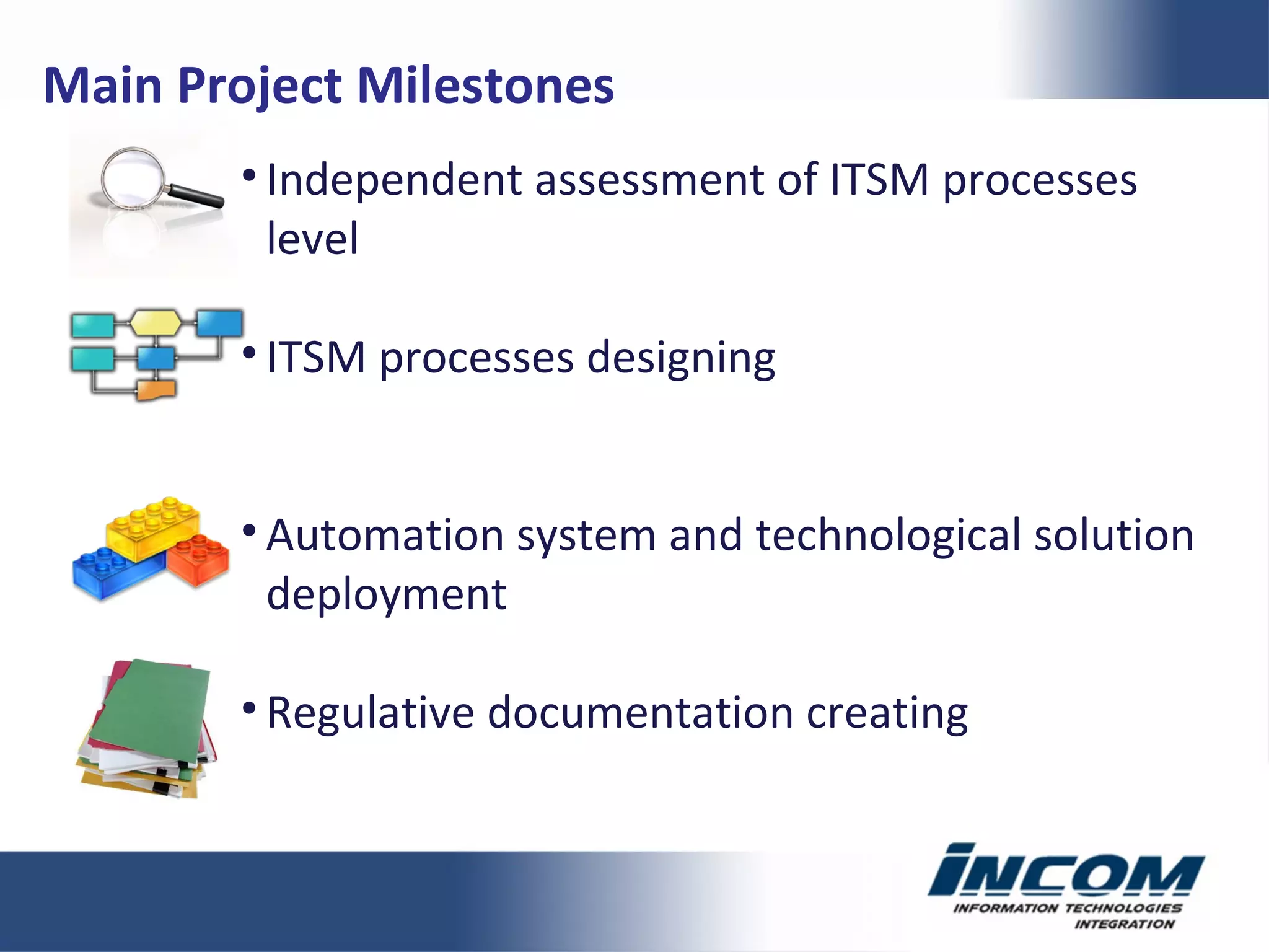 Independent assessment of ITSM processes level ITSM processes designing Automation system and technological solution deployment Regulative documentation creating Main Project Milestones 