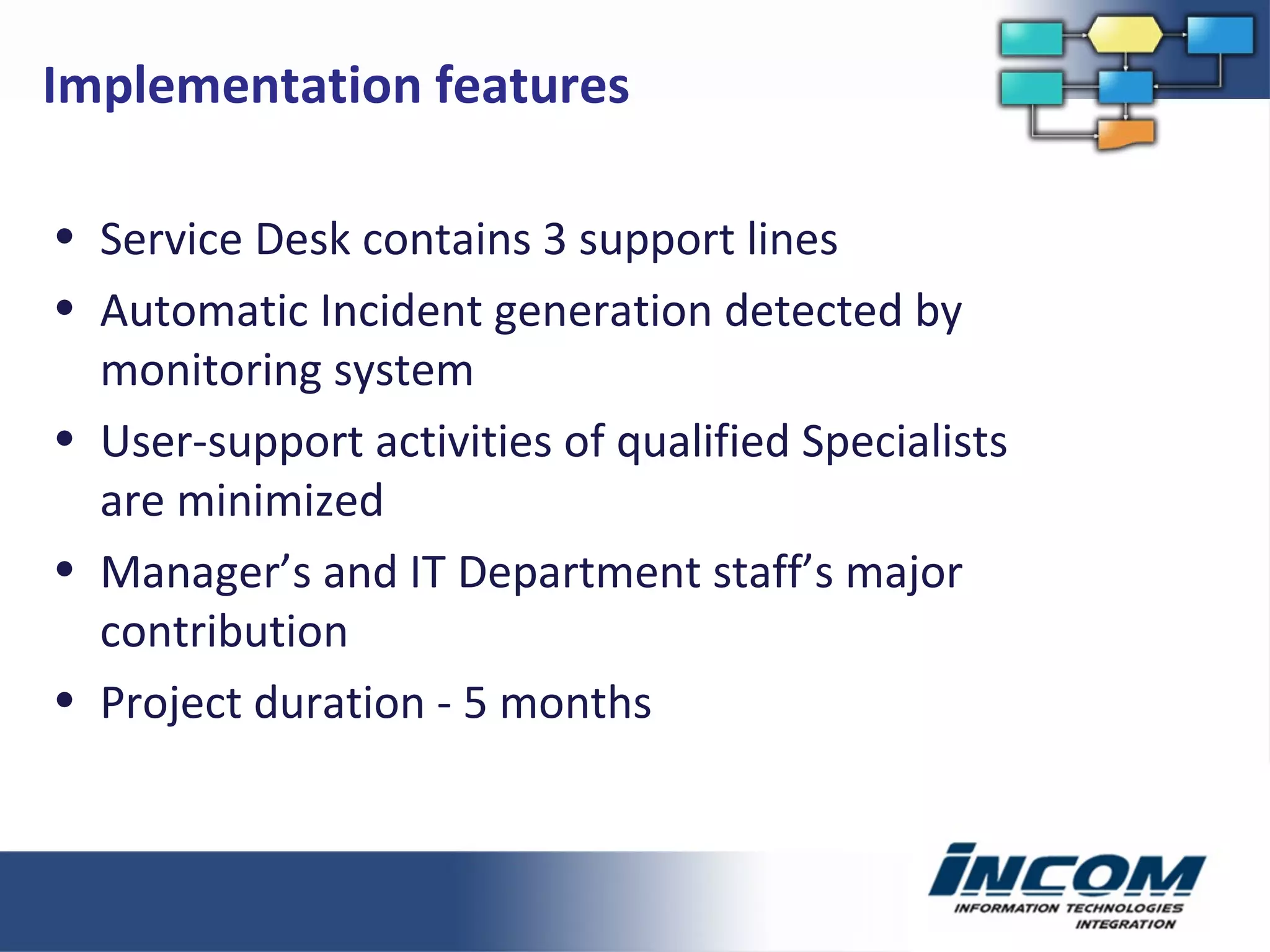 Service Desk contains 3 support lines Automatic Incident generation detected by monitoring system User-support activities of qualified Specialists are minimized Manager’s and IT Department staff’s major contribution Project duration - 5 months Implementation features 