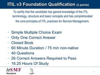 ITIL v3 Foundation Qualification  (2 points) To certify that the candidate has gained knowledge of the ITIL terminology, structure and basic concepts and has comprehended the core principles of ITIL practices for Service Management . Simple Multiple Choice Exam Only One Correct Answer Closed Book 60 Minute Duration /  75 min non-native  40 Questions 26 Correct Answers Required to Pass 16.25 Hours Of Study 