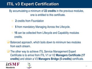 ITIL   v3 Expert Certification By accumulating a minimum of  22 credits  in the previous modules, one is entitled to this certificate.  2  credits from Foundation 5  from mandatory Managing Across the Lifecycle.  15  can be collected from Lifecycle and Capability modules credits .  Balanced approach, which boils down to minimum two modules from each stream.   The other way to achieve ITIL Service Management Expert Certificate is to arrive from ITIL V1 or V2  Managers Certificate (17 credits)  and obtain a V3  Managers Bridge (5 credits)  certificate. 