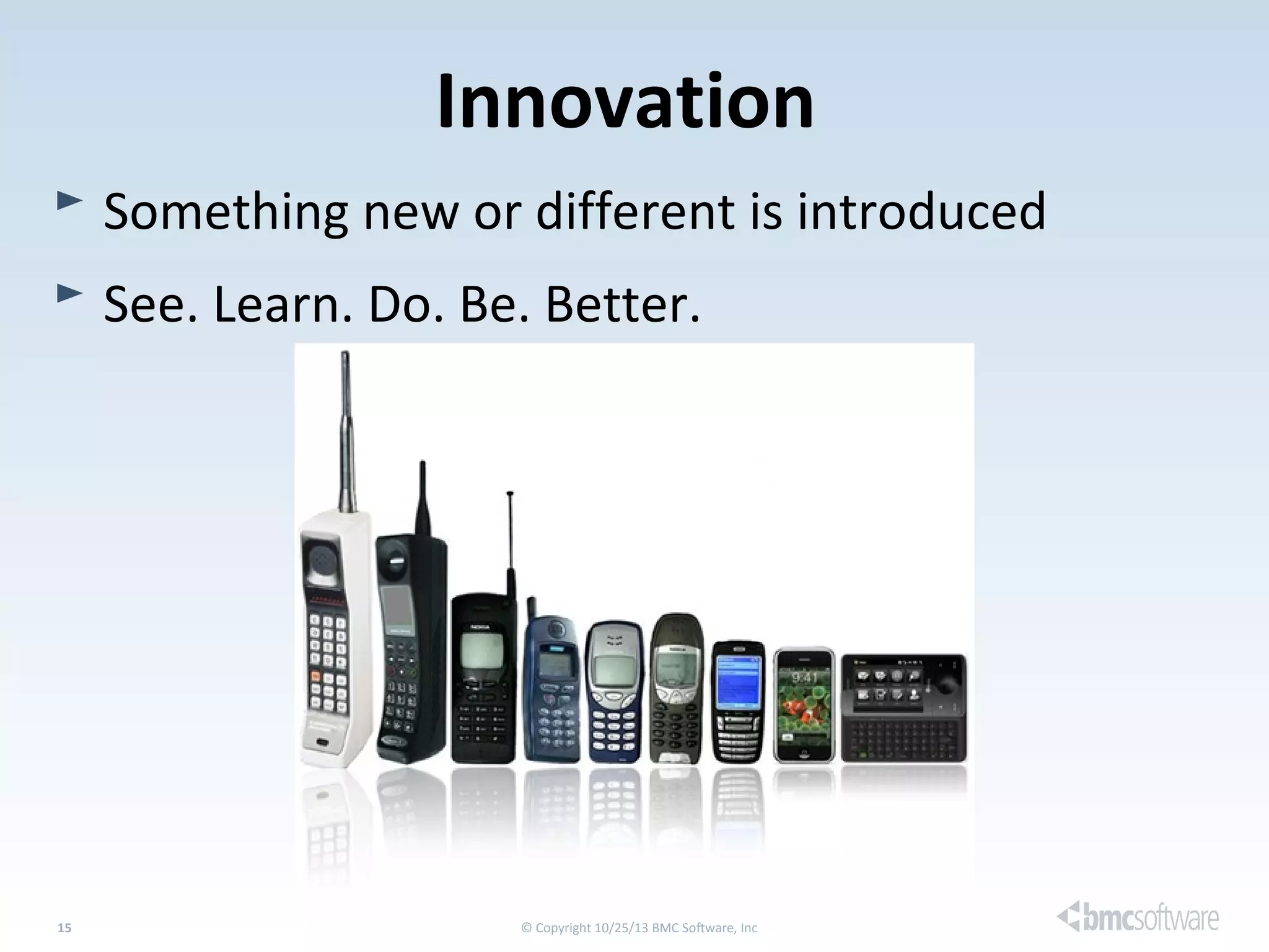 Innovation
Something new or different is introduced
See. Learn. Do. Be. Better.

15 Copyright 10/25/13 BMC Software, Inc
©

© Copyright 10/25/13 BMC Software, Inc

15

 