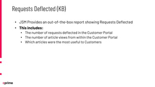 • JSM Provides an out-of-the-box report showing Requests Deflected
• This includes:
• The number of requests deflected in the Customer Portal
• The number of article views from within the Customer Portal
• Which articles were the most useful to Customers
Requests Deflected (KB)
 