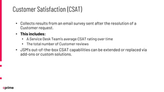 • Collects results from an email survey sent after the resolution of a
Customer request.
• This includes:
• A Service Desk Team’s average CSAT rating over time
• The total number of Customer reviews
• JSM’s out-of-the-box CSAT capabilities can be extended or replaced via
add-ons or custom solutions.
Customer Satisfaction (CSAT)
 
