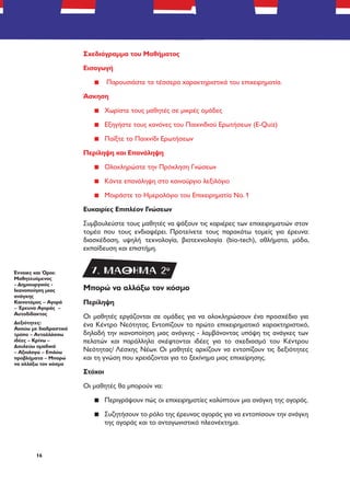 16
Σχεδιάγραμμα του Μαθήματος
Εισαγωγή
▪▪ Παρουσιάστε τα τέσσερα χαρακτηριστικά του επιχειρηματία.
Άσκηση
▪▪ Χωρίστε τους μαθητές σε μικρές ομάδες
▪▪ Εξηγήστε τους κανόνες του Παιχνιδιού Ερωτήσεων (E-Quiz)
▪▪ Παίξτε το Παιχνίδι Ερωτήσεων
Περίληψη και Επανάληψη
▪▪ Ολοκληρώστε την Πρόκληση Γνώσεων
▪▪ Κάντε επανάληψη στο καινούργιο λεξιλόγιο
▪▪ Μοιράστε το Ημερολόγιο του Επιχειρηματία Νο. 1
Ευκαιρίες Επιπλέον Γνώσεων
Συμβουλεύστε τους μαθητές να ψάξουν τις καριέρες των επιχειρηματιών στον
τομέα που τους ενδιαφέρει. Προτείνετε τους παρακάτω τομείς για έρευνα:
διασκέδαση, υψηλή τεχνολογία, βιοτεχνολογία (bio-tech), αθλήματα, μόδα,
εκπαίδευση και επιστήμη.
Μπορώ να αλλάξω τον κόσμο
Περίληψη
Οι μαθητές εργάζονται σε ομάδες για να ολοκληρώσουν ένα προσχέδιο για
ένα Κέντρο Νεότητας. Εντοπίζουν το πρώτο επιχειρηματικό χαρακτηριστικό,
δηλαδή την ικανοποίηση μιας ανάγκης - λαμβάνοντας υπόψη τις ανάγκες των
πελατών και παράλληλα σκέφτονται ιδέες για το σχεδιασμό του Κέντρου
Νεότητας/ Λέσχης Νέων. Οι μαθητές αρχίζουν να εντοπίζουν τις δεξιότητες
και τη γνώση που χρειάζονται για το ξεκίνημα μιας επιχείρησης.
Στόχοι
Οι μαθητές θα μπορούν να:
▪▪ Περιγράψουν πώς οι επιχειρηματίες καλύπτουν μια ανάγκη της αγοράς.
▪▪ Συζητήσουν το ρόλο της έρευνας αγοράς για να εντοπίσουν την ανάγκη
της αγοράς και το ανταγωνιστικό πλεονέκτημα.
Έννοιες και Όροι:
Μαθητευόμενος
– Δημιουργικός -
Ικανοποίηση μιας
ανάγκης
Καινοτόμος – Αγορά
– Έρευνα Αγοράς –
Αυτοδίδακτος
Δεξιότητες:
Ακούω με διαδραστικό
τρόπο – Ανταλλάσσω
ιδέες – Κρίνω –
Δουλεύω ομαδικά
– Αξιολογώ – Επιλύω
προβλήματα – Μπορώ
να αλλάξω τον κόσμο
7. ΜΑΘΗΜΑ 2o
 