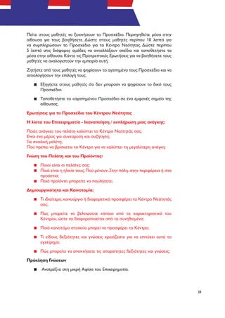 21
Πείτε στους μαθητές να ξεκινήσουν το Προσχέδιο. Περιηγηθείτε μέσα στην
αίθουσα για τους βοηθήσετε. Δώστε στους μαθητές περίπου 10 λεπτά για
να συμπληρώσουν το Προσχέδιο για το Κέντρο Νεότητας. Δώστε περίπου
5 λεπτά στις διάφορες ομάδες να ανταλλάξουν σχέδια και τοποθετήστε τα
μέσα στην αίθουσα. Κάντε τις Προτρεπτικές Ερωτήσεις για να βοηθήσετε τους
μαθητές να αναλογιστούν την εμπειρία αυτή.
Ζητήστε από τους μαθητές να ψηφίσουν το αγαπημένο τους Προσχέδιο και να
αιτιολογήσουν την επιλογή τους.
▪▪ Εξηγήστε στους μαθητές ότι δεν μπορούν να ψηφίσουν το δικό τους
Προσχέδιο.
▪▪ Τοποθετήστε το «αγαπημένο» Προσχέδιο σε ένα εμφανές σημείο της
αίθουσας.
Ερωτήσεις για το Προσχέδιο του Κέντρου Νεότητας
Η λίστα του Επιχειρηματία - Ικανοποίηση / εκπλήρωση μιας ανάγκης:
Ποιές ανάγκες του πελάτη καλύπτει το Κέντρο Νεότητάς σας;
Είναι ένα μέρος για συνεύρεση και συζήτηση;
Για σχολική μελέτη;
Πού πρέπει να βρίσκεται το Κέντρο για να καλύπτει τη μεγαλύτερη ανάγκη;
Γνώση του Πελάτη και του Προϊόντος:
▪▪ Ποιοί είναι οι πελάτες σας;
▪▪ Ποιά είναι η ηλικία τους; Πού μένουν; Στην πόλη, στην περιφέρεια ή στα
προάστια;
▪▪ Ποιά προϊόντα μπορείτε να πουλήσετε;
Δημιουργικότητα και Καινοτομία:
▪▪ Τι ιδιαίτερο,καινούργιο ή διαφορετικό προσφέρει το Κέντρο Νεότητάς
σας;
▪▪ Πώς μπορείτε να βελτιώσετε κάποιο από τα χαρακτηριστικά του
Κέντρου, ώστε να διαφοροποιείται από τα συνηθισμένα;
▪▪ Ποιό καινοτόμο στοιχείο μπορεί να προσφέρει το Κέντρο;
▪▪ Τι είδους δεξιότητες και γνώσεις χρειάζεστε για να επιτύχει αυτό το
εγχείρημα;
▪▪ Πώς μπορείτε να αποκτήσετε τις απαραίτητες δεξιότητες και γνώσεις;
Πρόκληση Γνώσεων
▪▪ Ανατρέξτε στη μικρή Αφίσα του Επιχειρηματία.
 