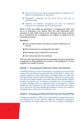 38
▪▪ Κάντε μία λίστα με τους πόρους, συμπεριλαμβάνοντας ανθρώπους που
μπορεί να σας βοηθήσουν να ξεκινήσετε
▪▪ Περιγράψτε 3 πράγματα που θα κάνετε, ώστε η ιδέα σας να
πραγματοποιηθεί
▪▪ Υποθέστε ότι αποκτάτε επιχορήγηση για Start Up (νεοφυείς)
επιχειρήσεις και περιγράψτε πώς θα τη διαχειριστείτε
Δώστε 5 λεπτά στις ομάδες να μοιραστούν τα επιχειρηματικά πλάνα τους
και να τα αναρτήσουν στην αίθουσα. Μετά από κάθε παρουσίαση, κάντε
ερωτήσεις σε κάθε ομάδα σχετικά με την επιχείρησή τους. Κάντε ερωτήσεις,
για να παροτρύνετε και να ενθαρρύνετε τους μαθητές να μιλήσουν για την
συγκεκριμένη εμπειρία.
Ερωτήσεις:
▪▪ Αυτό το πλάνο καλύπτει την ανάγκη της αγοράς και βελτιώνει την
κοινωνία;
▪▪ Είναι ανταγωνιστικό το επιχειρηματικό σας πλάνο;
▪▪ Θα δουλέψει καλά το πλάνο; Ναι ή όχι και γιατί;
▪▪ Γιατί το δικό σας πλάνο είναι καλύτερο;
Μετά από κάθε παρουσίαση,μοιραστείτε πληροφορίες σχετικά με πραγματικές
επιχειρήσεις που δημιουργήθηκαν για να λύσουν τα ίδια προβλήματα, τα οποία
κλήθηκαν και οι ομάδες να λύσουν.
Ομάδα 1 - Επιχειρηματικό Μοντέλο: Heifer International
H HEIFER ξεκίνησε με την ιδέα να προσφέρει στις οικογένειες μια συνεχή πηγή
τροφής, παρά μια σύντομη ανακουφιστική λύση. Ο Dan West, ο οποίος δημι-
ούργησε τη φράση «όχι ένα ποτήρι, άλλα μια αγελάδα», ίδρυσε την Heifer πριν
από περισσότερο από 60 χρόνια. Εκατομμύρια ανθρώπων σε περισσότερες
από 120 χώρες, έλαβαν βοοειδή, κοτόπουλα, μέλισσες, δέντρα, βόδια, πρόβατα,
κουνέλια και γουρούνια, για να καλύψουν τις ανάγκες τους και να καταφέρουν
να ζήσουν. Ζητήθηκε από τους παραλήπτες ζώων να μεταφέρουν τη δωρεά
μοιράζοντας τους απογόνους των ζώων τους,καθώς και τη γνώση,τους πόρους
και τις ικανότητες τους, ώστε περισσότεροι άνθρωποι να έχουν την ευκαιρία να
προσφέρουν στους ίδιους και στις οικογένειες τους.
Ομάδα 2 - Επιχειρηματικό Μοντέλο:Food from the‘Hood (FFTH)
Η εταιρία αυτή ιδρύθηκε το 1992 από μια ομάδα μαθητών εσωτερικών σε λύκειο,
τον καθηγητή τους και έναν εθελοντή σύμβουλο επιχειρήσεων. Αποφάσισαν
να μετατρέψουν ένα τμήμα άγονης γης πίσω από το γήπεδο ποδοσφαίρου
 