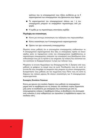 40
τρόπους που το επιχειρηματικό τους πλάνο συνδέεται με τα 4
χαρακτηριστικά των επιχειρηματιών που βρίσκονται στην Αφίσα
▪▪ Τα χαρακτηριστικά του επιχειρηματικού πλάνου και / ή του
επιχειρηματία μπορούν να αναφερθούν περισσότερες από μία
φορές
▪▪ Η ομάδα με τις περισσότερες απαντήσεις κερδίζει
Περίληψη και ανασκόπηση
▪▪ Κάντε μια σύντομη ανασκόπηση του λεξιλογίου που παρουσιάσθηκε
▪▪ Κάντε ανασκόπηση των 4 επιχειρηματικών χαρακτηριστικών
▪▪ Ορίστε τον όρο «κοινωνικός επιχειρηματίας»
Θυμίστε στους μαθητές ότι οι επιτυχημένοι επιχειρηματίες επιδεικνύουν τα
4 επιχειρηματικά χαρακτηριστικά. Ενώ όλες οι επιχειρήσεις πρέπει να έχουν
κέρδος ώστε να παραμείνουν εντός του επιχειρηματικού περιβάλλοντος, οι
περισσότεροι επιχειρηματίες επιλεγούν την επιχείρησή τους βασιζόμενοι στον
ενθουσιασμό τους για το προϊόν ή την υπηρεσία,την ανάγκη που ικανοποιεί και
την ικανότητα να διαφοροποιήσουν τη ζωή των πελατών τους.
Μοιράστε το έντυπο Ημερολόγιο του Επιχειρηματία Νο. 5. Ζητήστε από τους
μαθητές να γράψουν το όνομά τους σε αυτό. Υπενθυμίστε τους ότι αυτό το
έντυπο θα τους επιτρέψει να σκεφτούν πώς μπορούν να γίνουν επιχειρηματίες.
Ευχαριστήστε τους μαθητές για την συμμετοχή τους. Πείτε τους ότι κατά τη
διάρκεια του τελικού μέρους, θα κάνουν ανασκόπηση των 4 επιχειρηματικών
χαρακτηριστικών.
Ευκαιρίες Επιπλέον Γνώσεων
Κάντε μια έρευνα στο σχολείο. Αφήστε τους μαθητές να αναγνωρίσουν
μερικά από τα προβλήματα και τις ανάγκες του σχολικού κτιρίου. Εργαστείτε
μαζί, ώστε να σχεδιάσετε μια επιχείρηση που ικανοποιεί μια από τις
αναγνωρισμένες ανάγκες ή προβλήματα (όπως, να βοηθήσετε στη λειτουργία
ενός κυλικείου ή στην καθαριότητα του προαύλιου ή περιβάλλοντα χώρου του
σχολείου κλπ.).
 