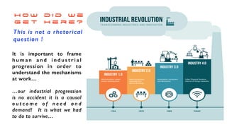 h o w d i d w e


g e t h e r e ?
This is not a rhetorical


question !
It is important to frame
h u m a n a n d i n d u s t r i a l
progression in order to
understand the mechanisms
at work…


…our industrial progression
is no accident it is a causal
o u t c o m e o f n e e d a n d
demand! It is what we had
to do to survive…


 