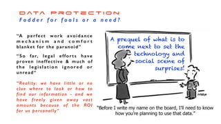 D ata P r o t e c t i o n


F o d d e r f o r f o o l s o r a n e e d ?
“A perfect work avoidance
m e c h a n i s m a n d c o m f o r t
blanket for the paranoid”
“So far, legal efforts have
proven ineffective & much of
t h e l e g i s l a t i o n i g n o re d o r
unread“
“Reality: we have little or no
clue where to look or how to
find our information - and we
have freely given away vast
amounts because of the ROI
for us personally“
A prequel of what is to


come next to set the


technology and


social scene of


surprises!
 