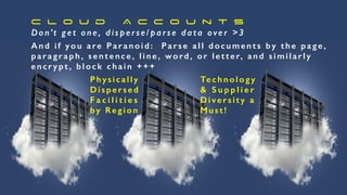 C l o u d A c c o u n t S


Don’t get one, disperse/parse da ta over >3
A n d i f y o u a re P a r a n o i d : P a r s e a l l d o c u m e n t s b y t h e p a g e ,
paragraph, sentence, line, word, or letter, and similarly
e n c r y p t , b l o c k c h a i n + + +
Physically


Dispersed


F a c i l i t i e s


by Region


Te c h n o l o g y


& S u p p l i e r


Diversity a


Must!


 