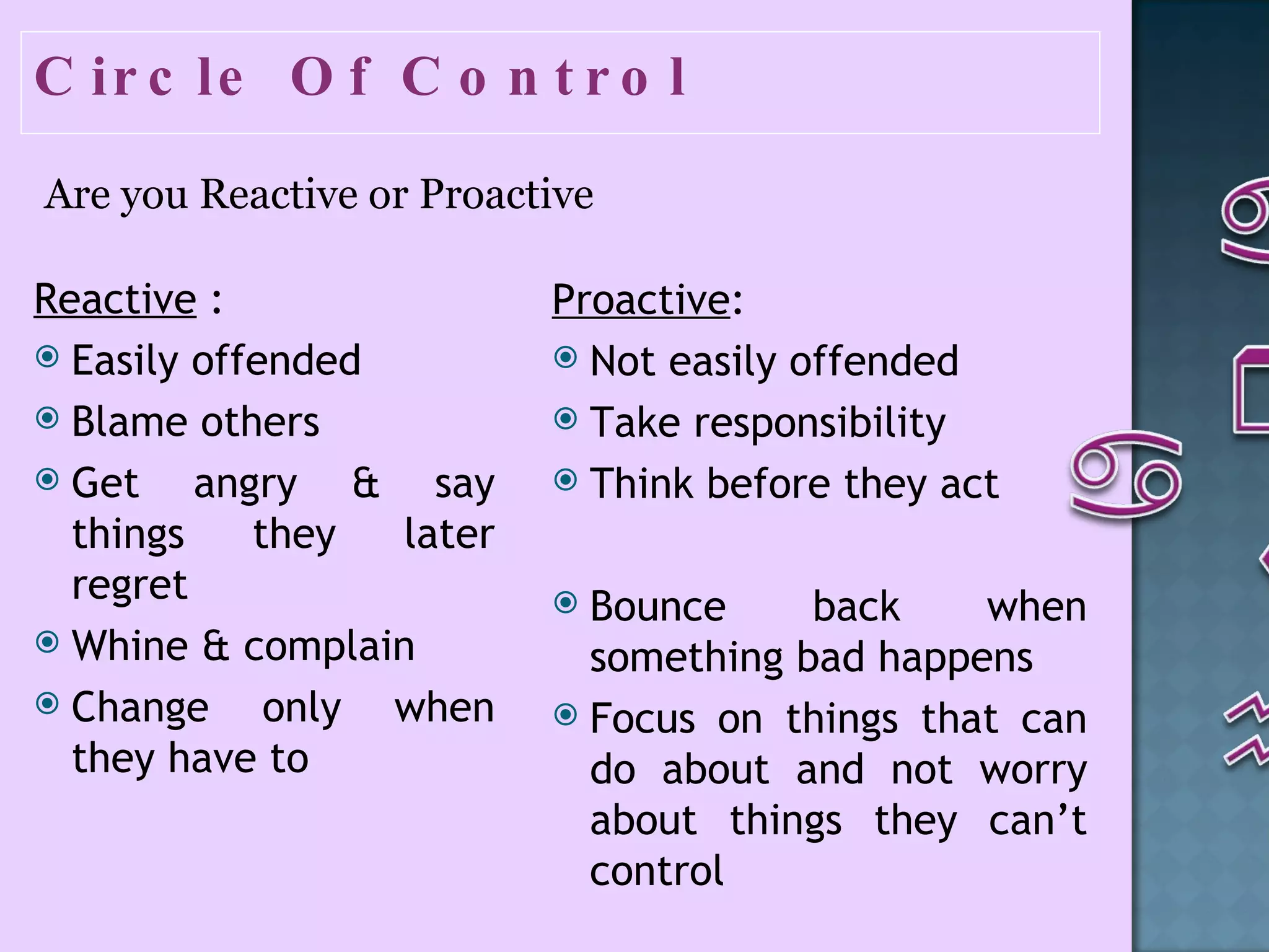 Circle Of Control  Are you Reactive or Proactive  Reactive  : Easily offended  Blame others  Get angry & say things they later regret  Whine & complain  Change only when they have to  Proactive : Not easily offended  Take responsibility  Think before they act  Bounce back when something bad happens  Focus on things that can do about and not worry about things they can’t control  