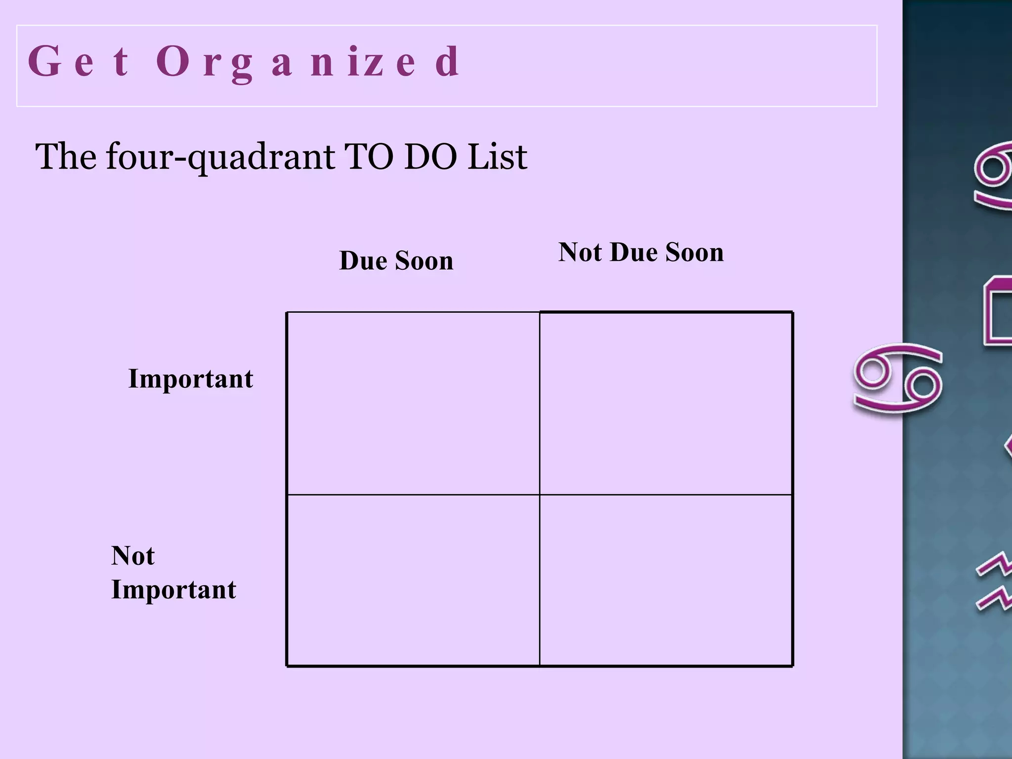 Get Organized The four-quadrant TO DO List Important Not  Important Due Soon Not Due Soon 